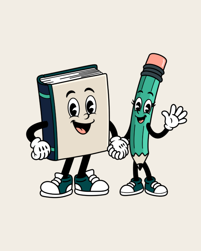 Ger, un libro azul y crema, y Nuvis, un lápiz aguamarina, las mascotas de Editorial Gernuvis, tomados de la mano